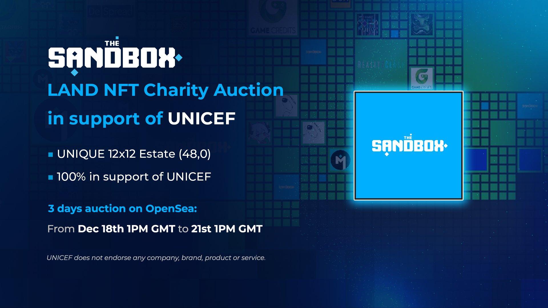 The Sandbox将举行首次LAND NFT土地慈善拍卖为联合国儿童基金会筹款