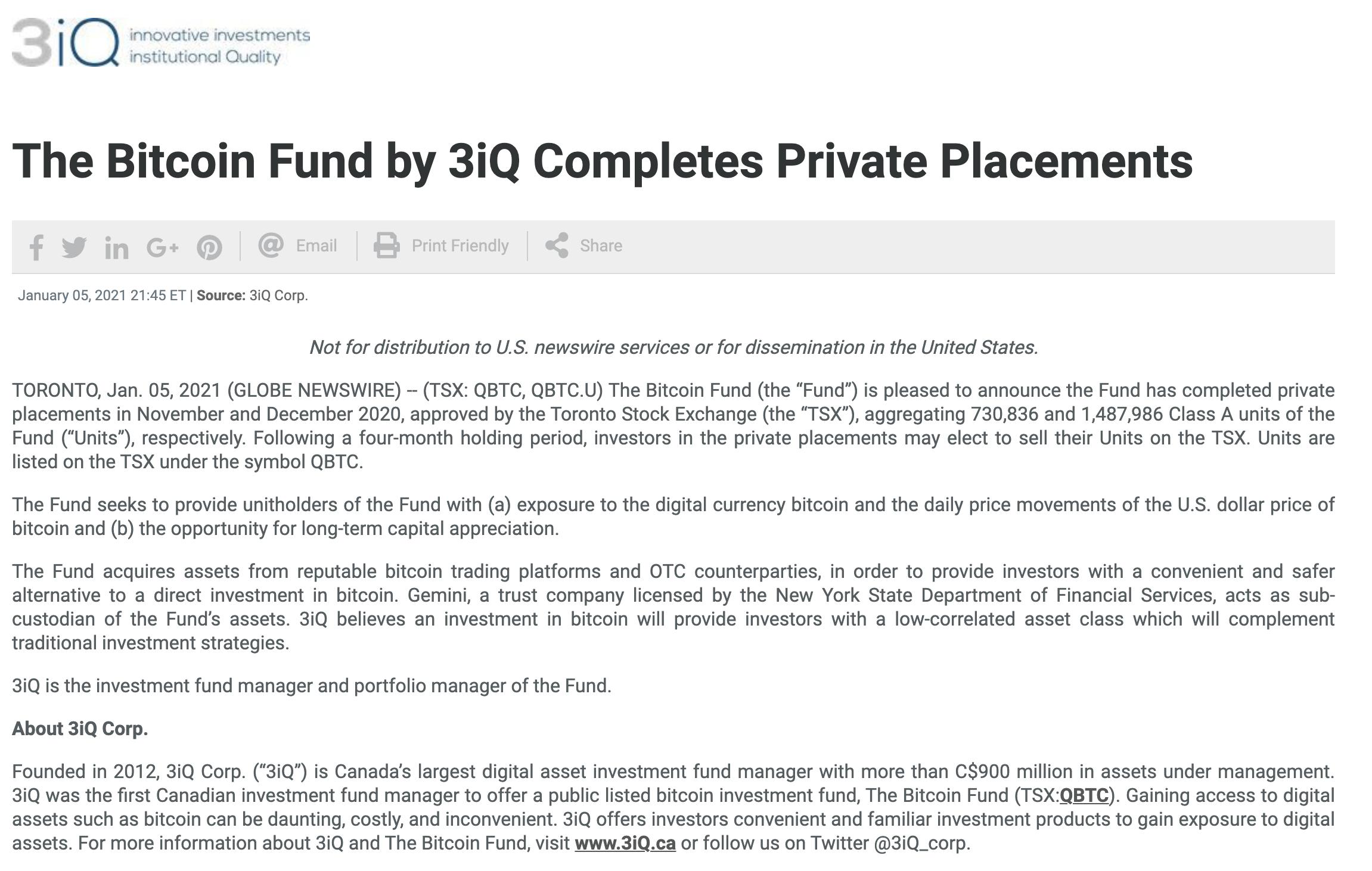  3iQ旗下比特币基金在2020年11月和12月完成A类份额私募配售