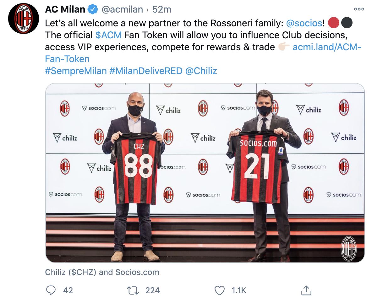 AC米兰与Chiliz合作上线ACM粉丝代币