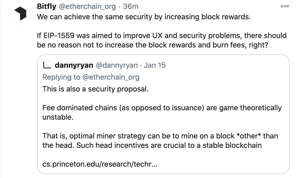 Bitfly：若EIP-1559旨在改善用户体验和安全问题，就应该增加区块奖励和销毁费用