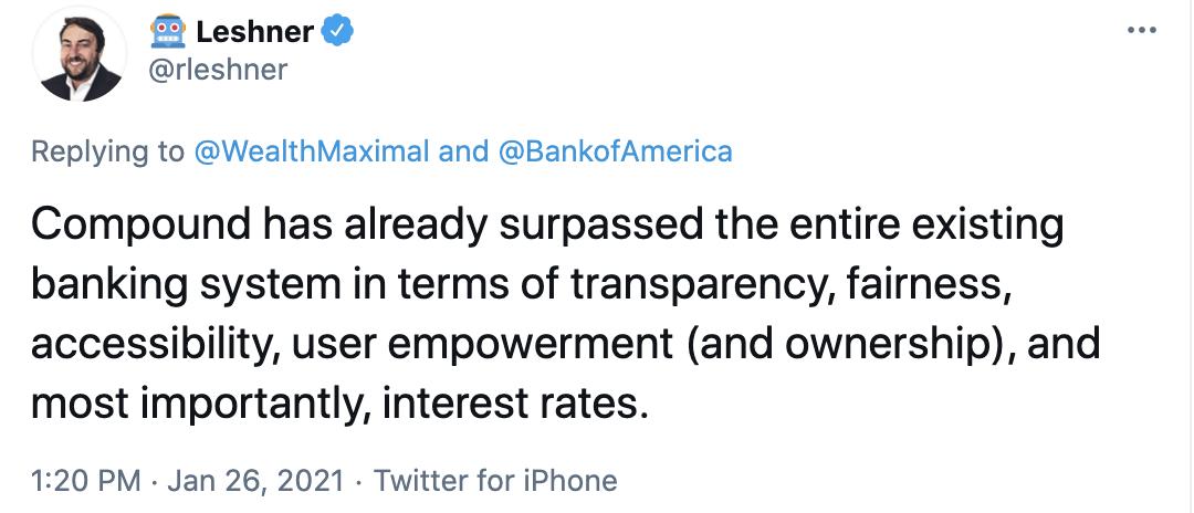 Compound创始人：Compound在透明度及利率等方面已超现有银行系统