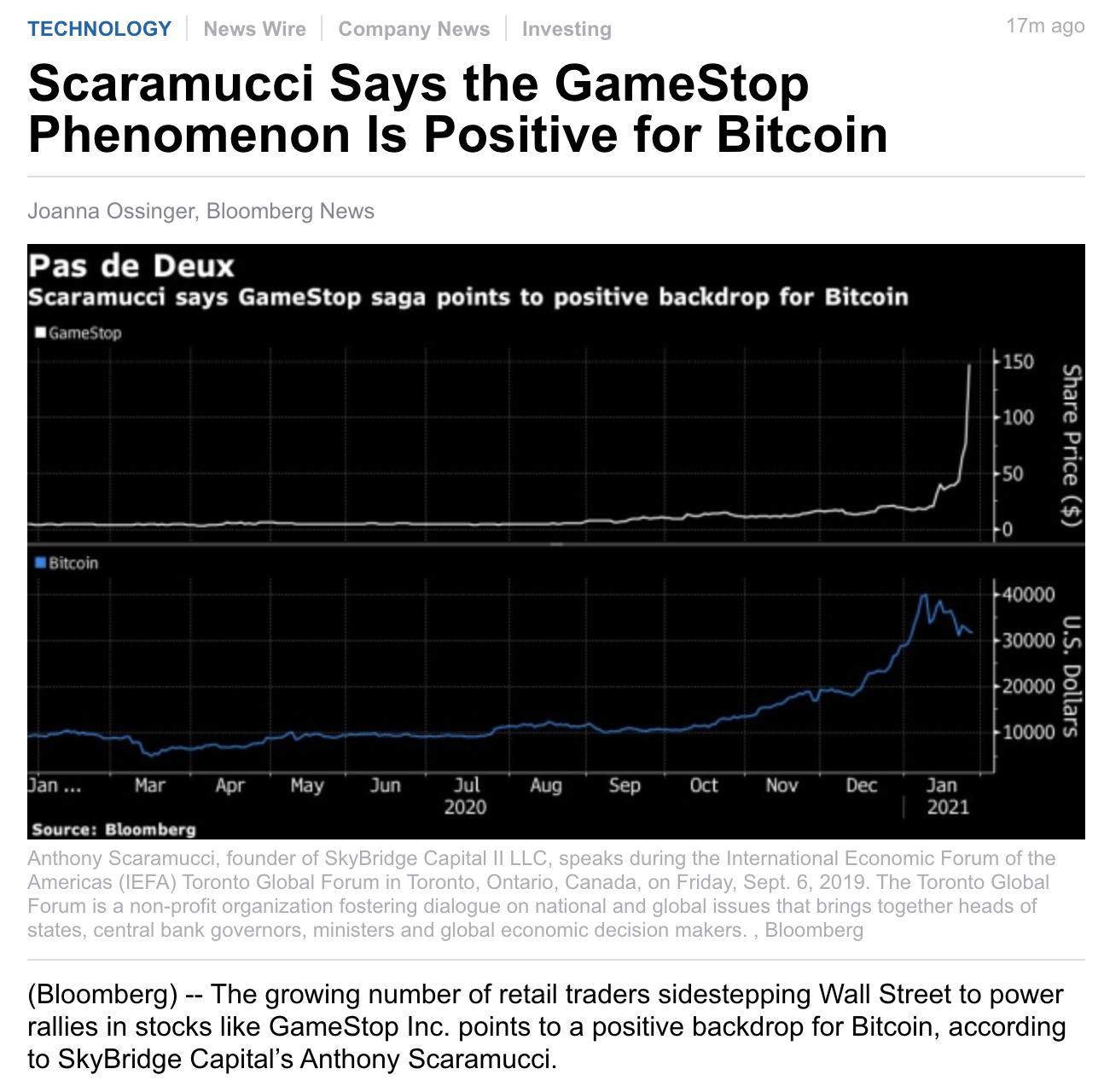 天桥资本创始人：GME股票上涨现象对比特币有利