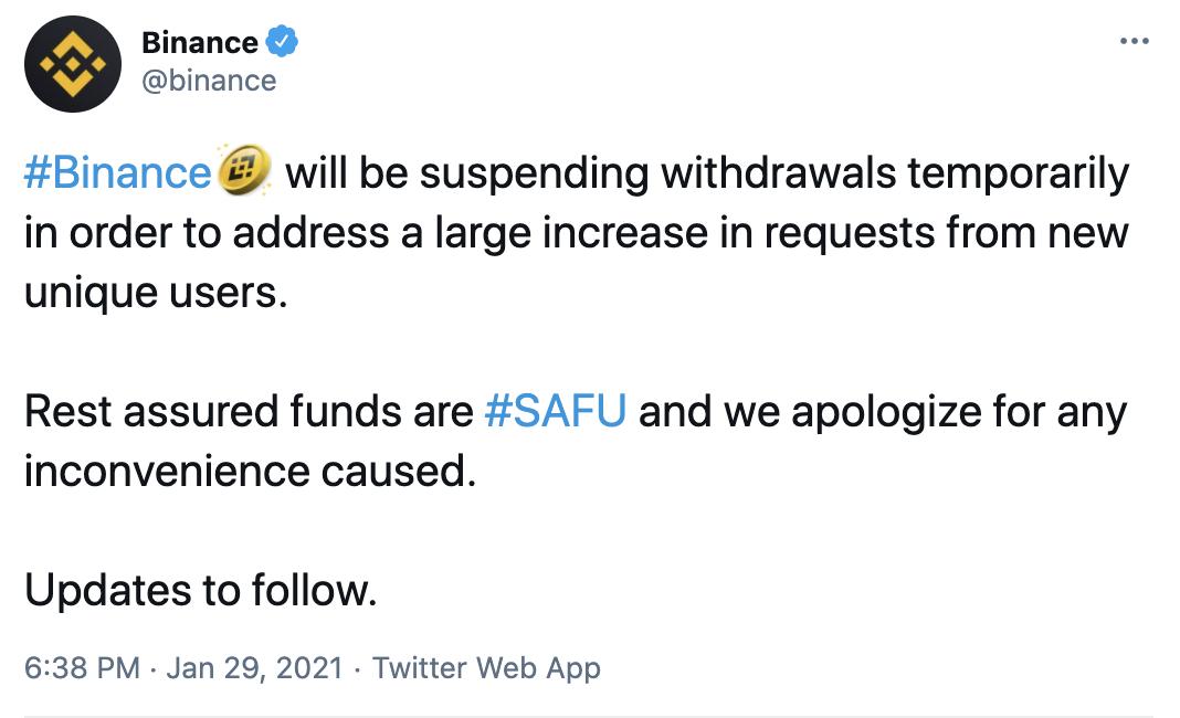 币安18点36分宣布临时暂停提现，现已重新开放提现