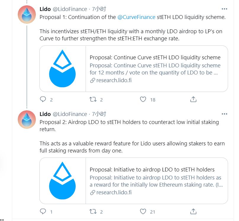以太坊2.0质押协议Lido社区发起两项提案，建议向stETH持有人空投LDO