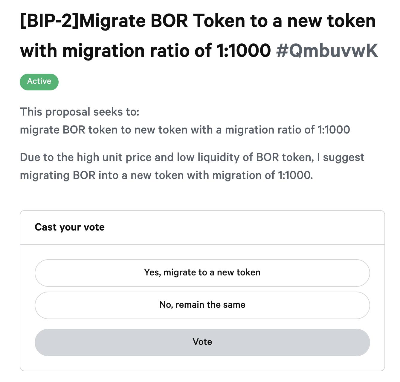 BoringDAO社区提出1:1000拆分提案，目前支持率100%
