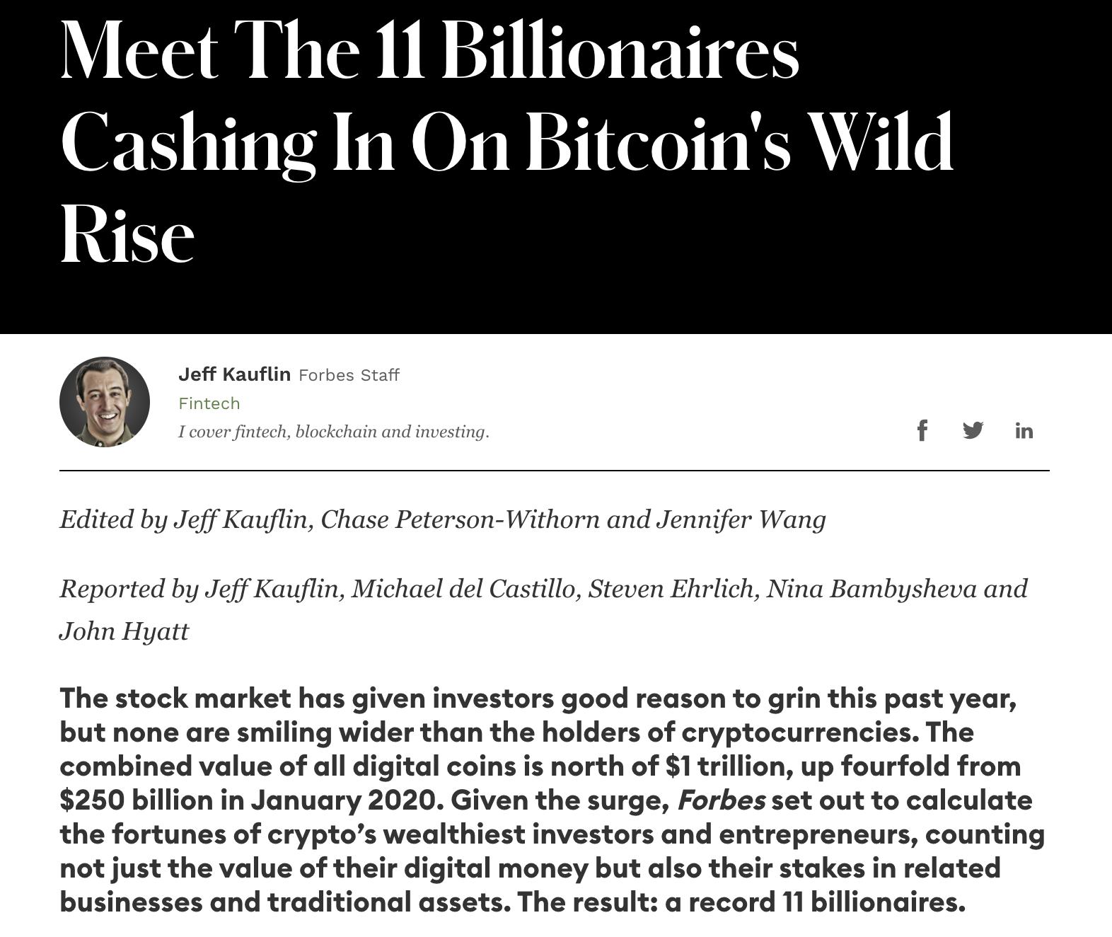 福布斯公布11位加密亿万富翁，Brian Armstrong、SBF和Chris Larsen排名前三