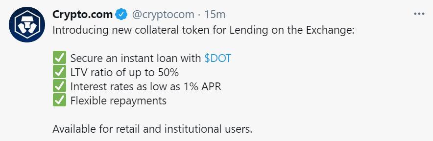 Crypto.com上线DOT借贷业务