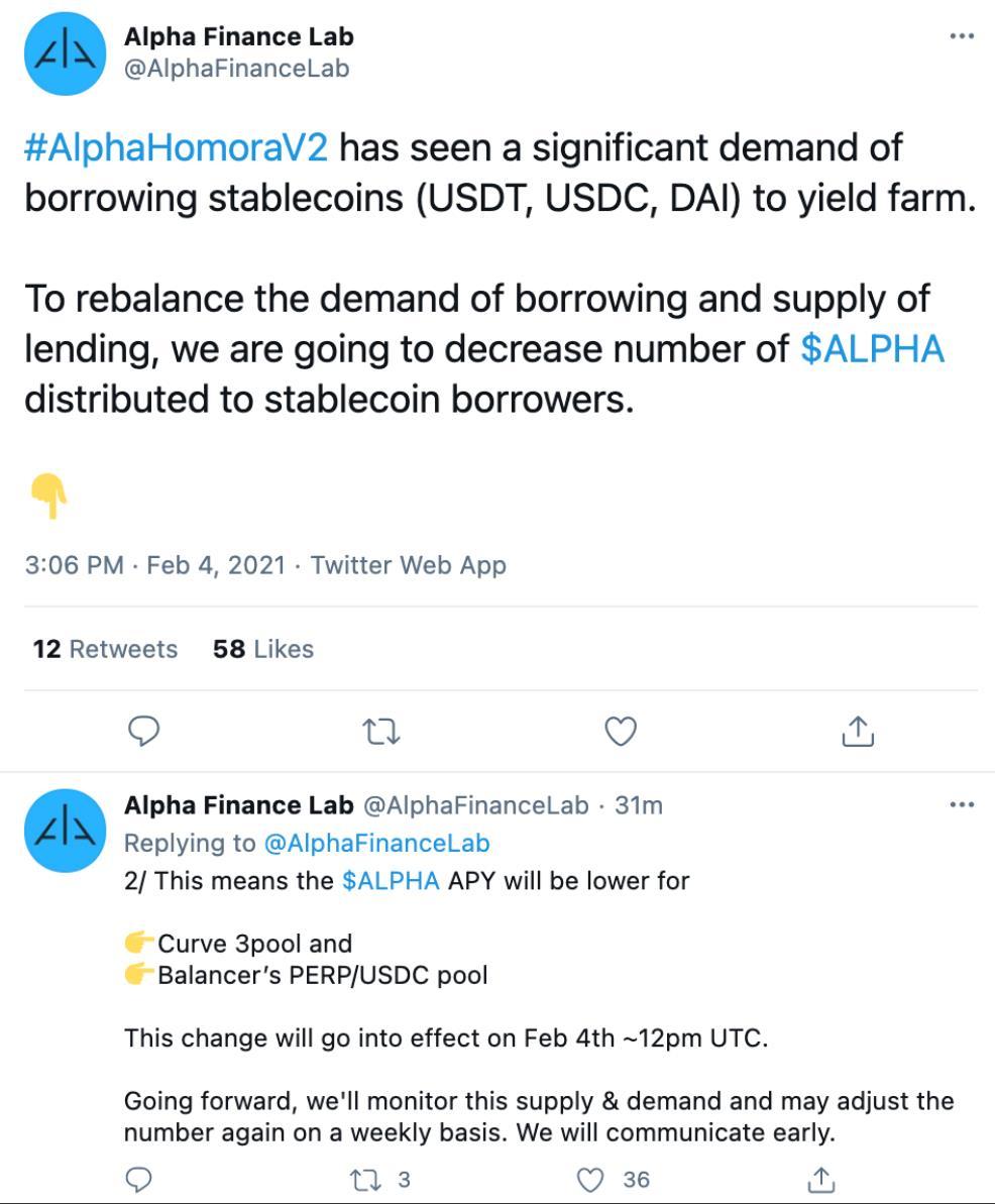 Alpha Finance Lab宣布将降低APY，以保持稳定币借贷供需平衡