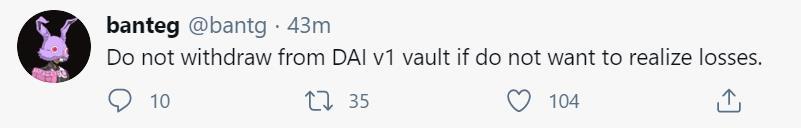 YFI核心开发者Banteg：若不想受损失就不要从DAI v1 vault中撤出