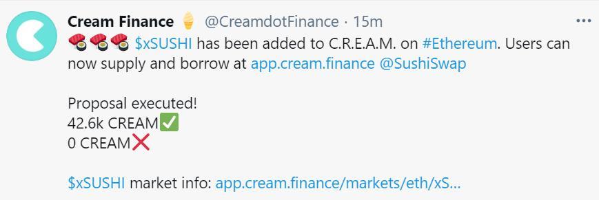 抵押借贷平台Cream Finance已添加xSUSHI作为抵押品