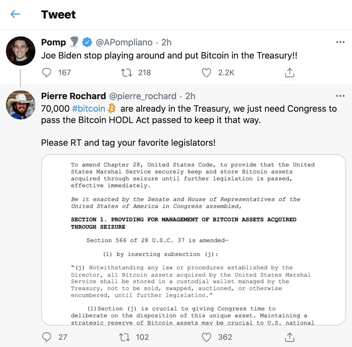 Bitcoin Advisory创始人：美国财政部已持有7万枚BTC