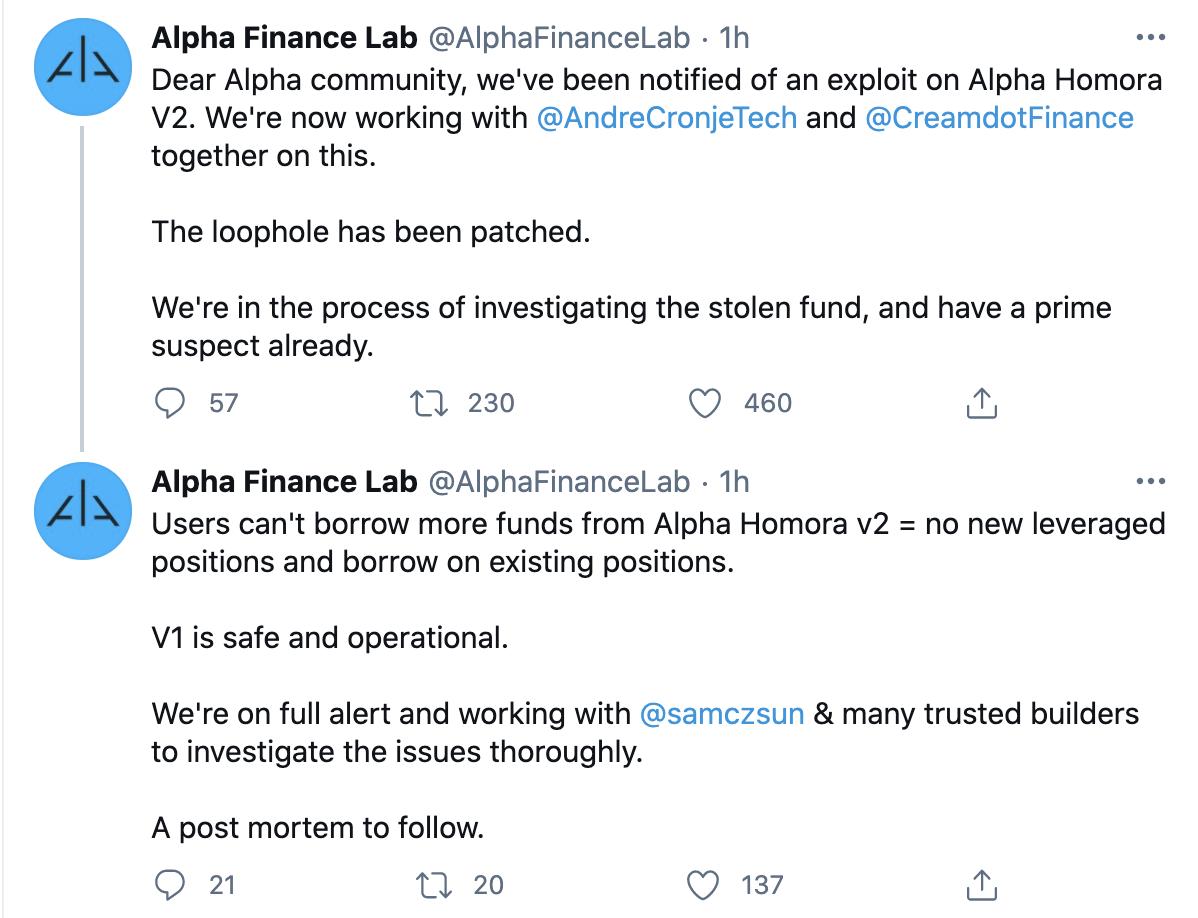 Alpha Homora V2 被攻击，正在调查被盗资金