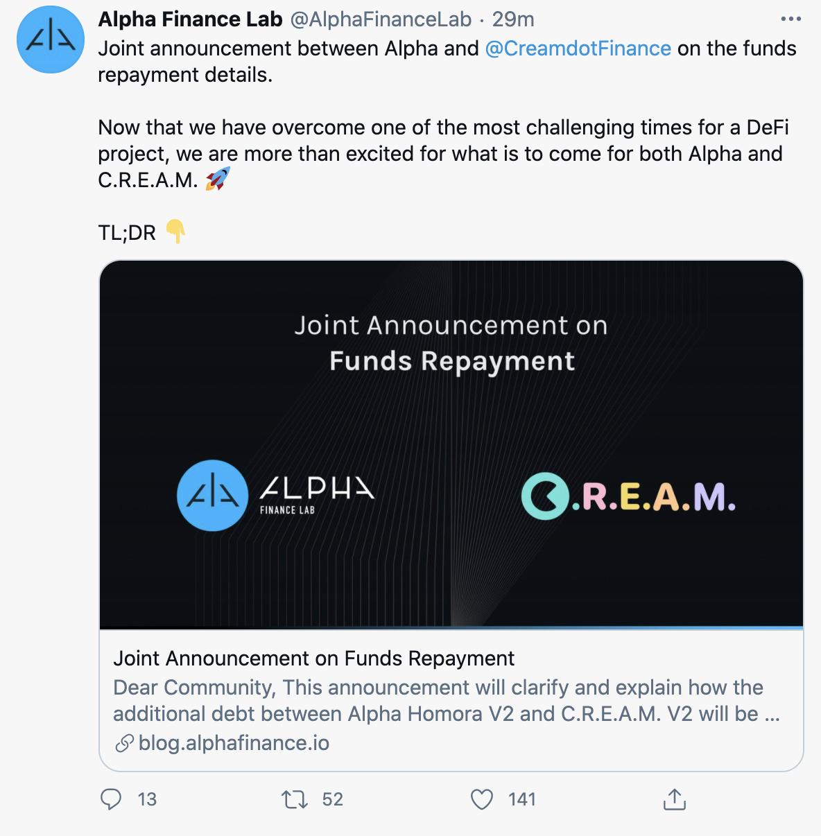 Alpha Finance将按月支付导致Cream被盗的欠款