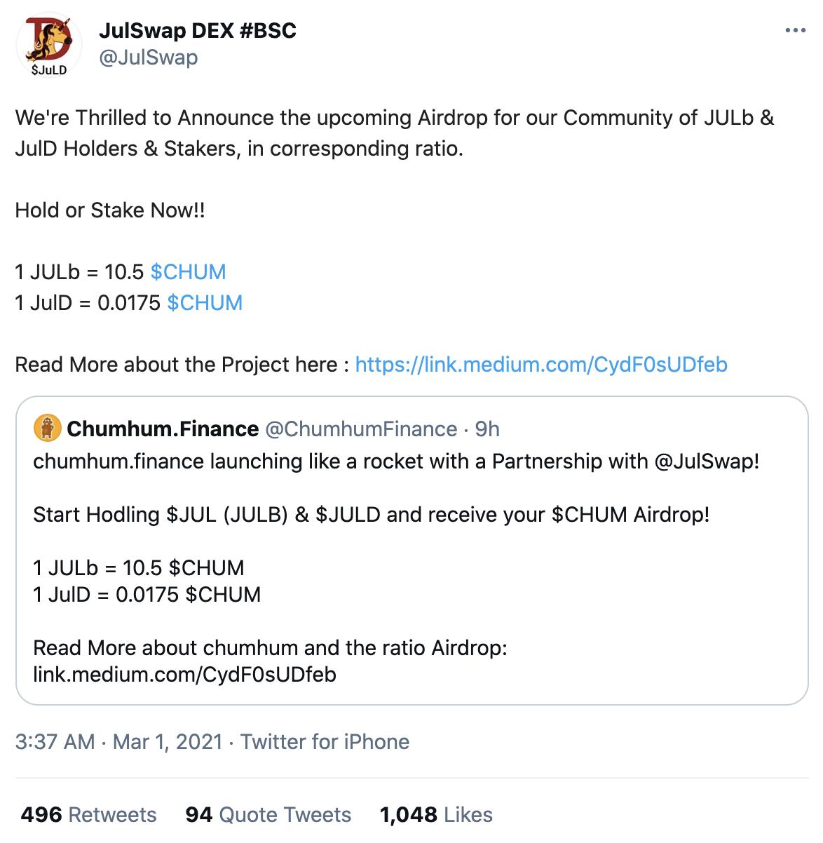 JulSwap将对所有JULB和JULD持有者空投CHUM代币