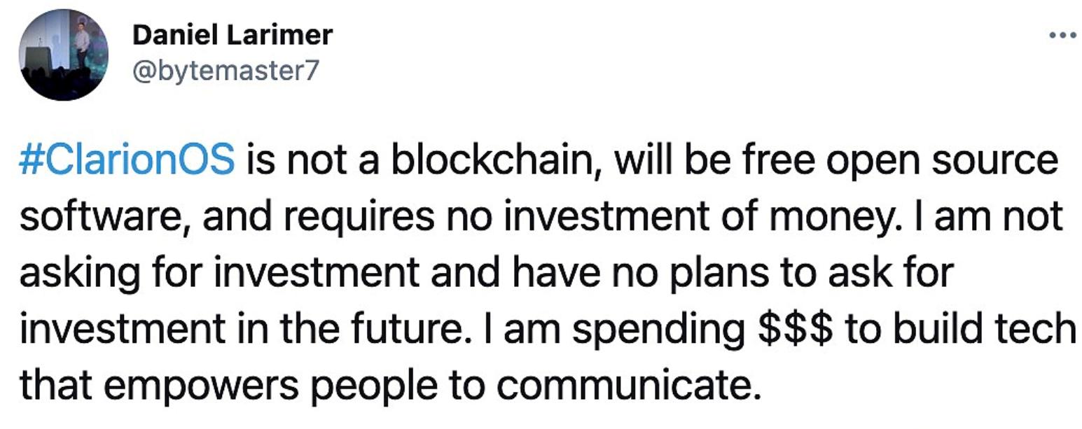 BM：Clarion OS不是区块链，不需要任何投资 