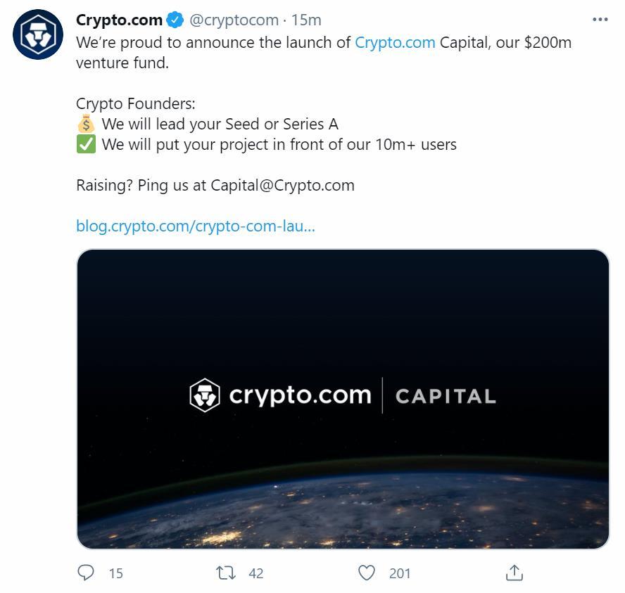 Crypto.com启动2亿美元加密基金，投资种子轮和A轮阶段加密初创企业