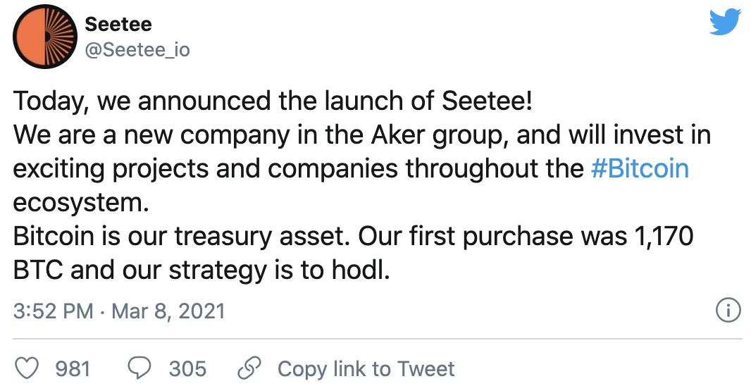 Aker旗下Seetee已购买1170个BTC，价值约5800万美元