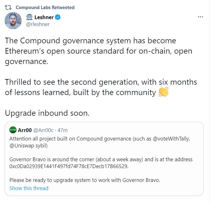 Compound即将进行治理系统Governor Bravo升级