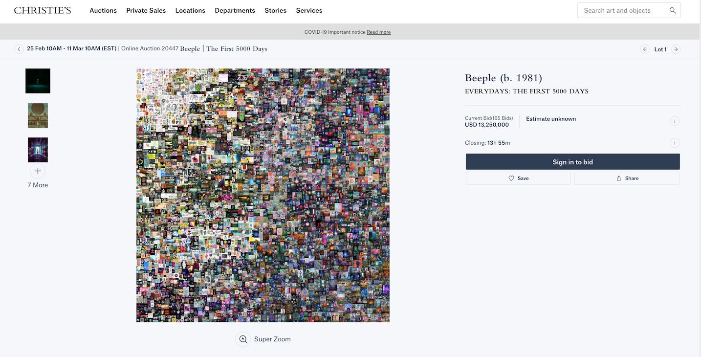 Beeple 创作的 NFT 艺术品在佳士得拍卖会上竞拍价已达 1325 万美元