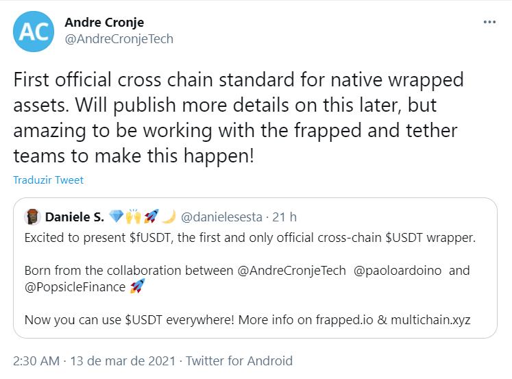 Andre Cronje和Tether、Frapped团队推出首个USDT封装资产