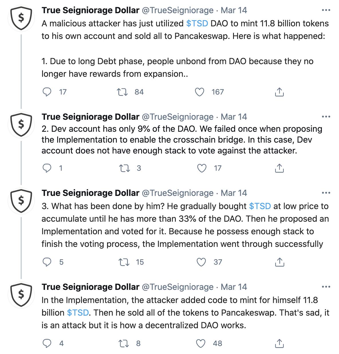 跨链稳定币TSD遭恶意攻击，攻击者铸造118亿枚TSD代币并已全部出售