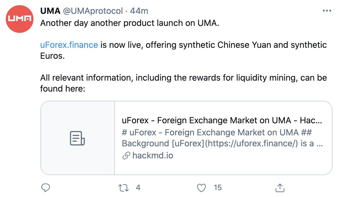 UMA旗下uForex.finance推出跟踪人民币和欧元汇率的代币