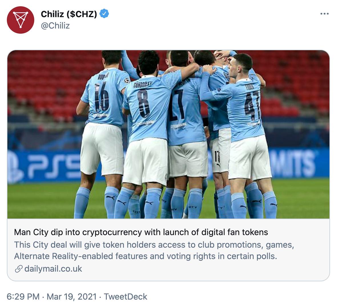 英超球队曼城与Chiliz达成合作，将推出球迷代币CITY