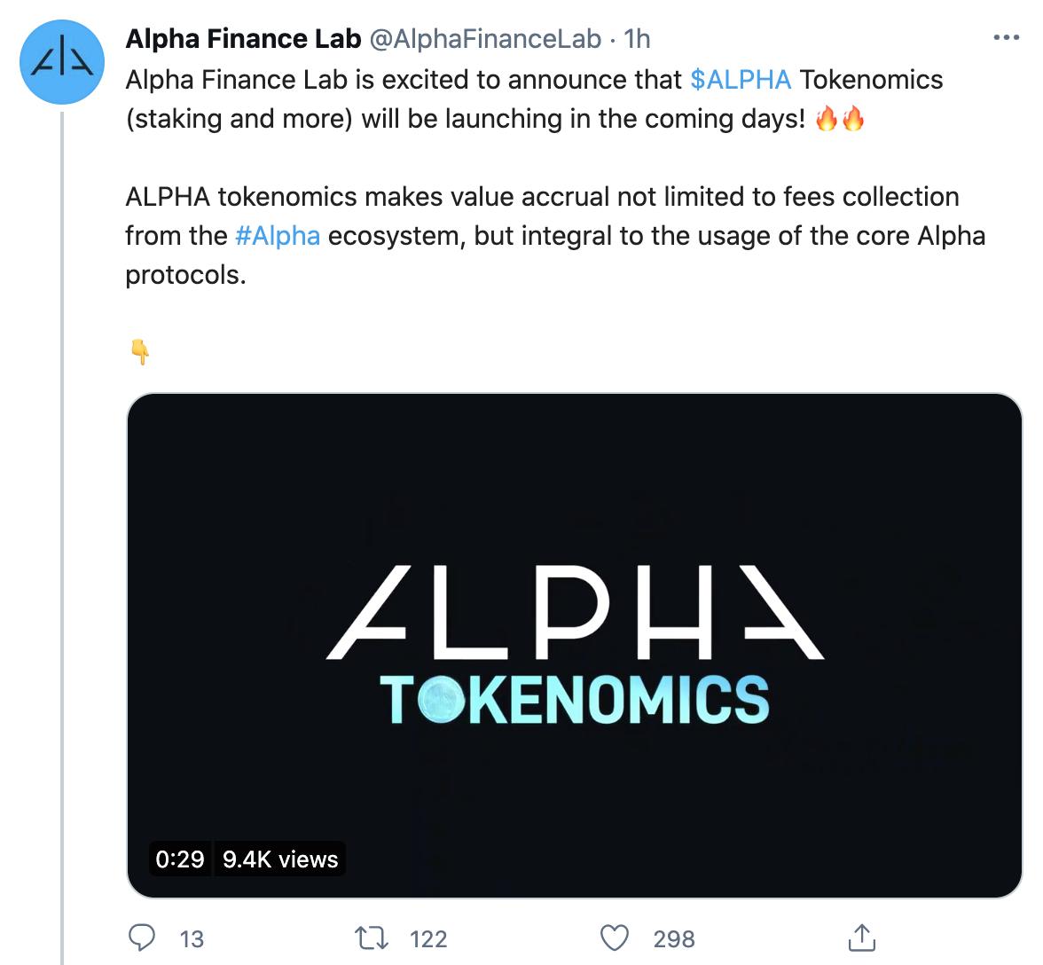 跨链DeFi平台Alpha Finance Lab将公布包括质押分红在内的新代币经济模型