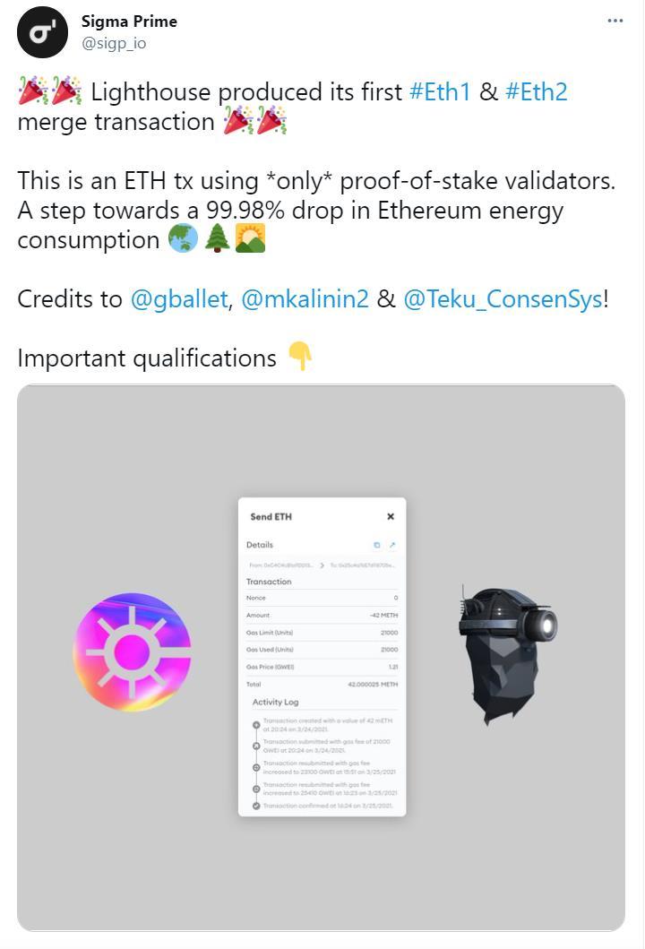 以太坊2.0客户端Lighthouse产生其第一笔Eth1和Eth2合并交易