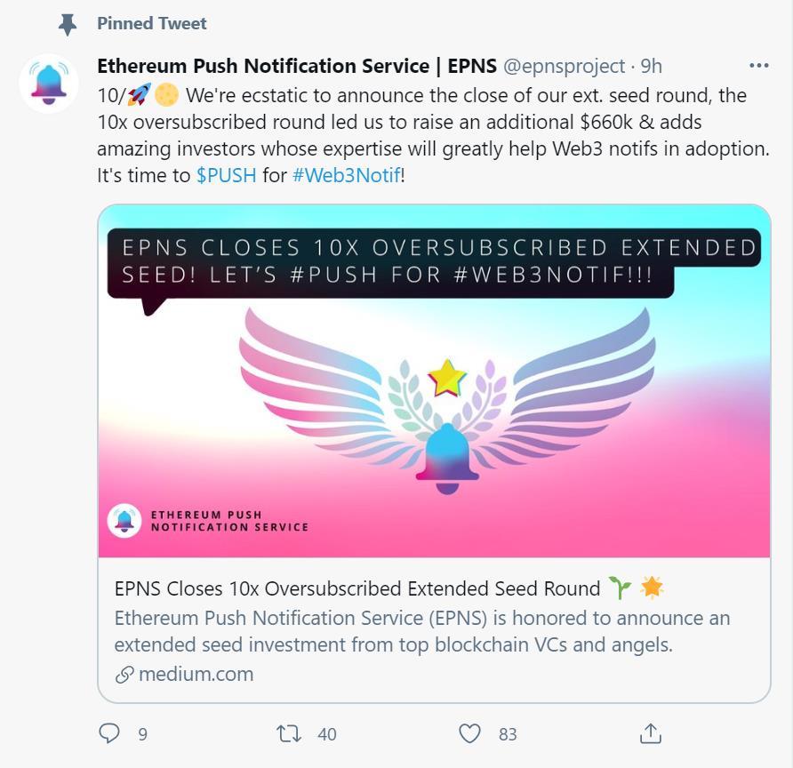 以太坊推送通知服务 EPNS 获66万美元融资，Binance Labs、LD Capital参投