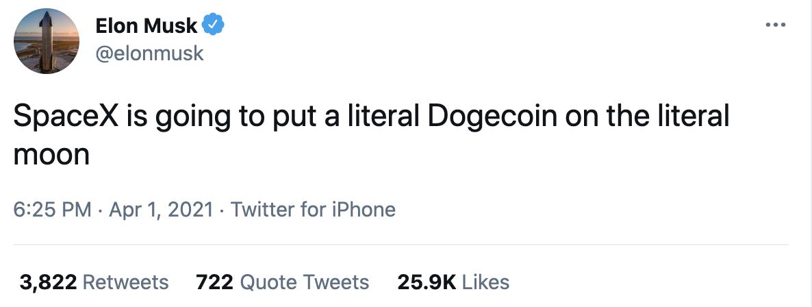 马斯克：SpaceX将把一枚狗狗币带到月球上