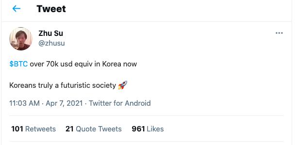 比特币价格在韩国已超7万美元