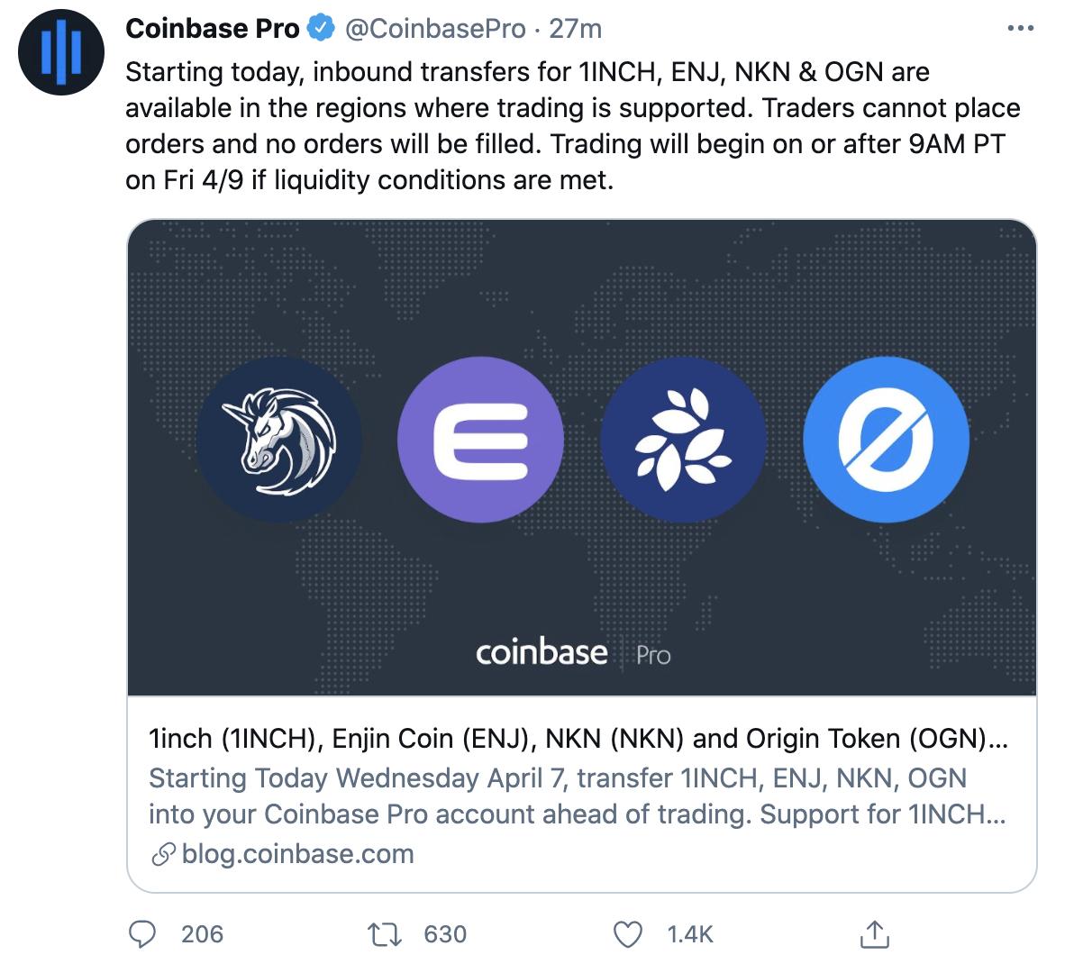 Coinbase Pro宣布将上线1INCH、ENJ、NKN、OGN