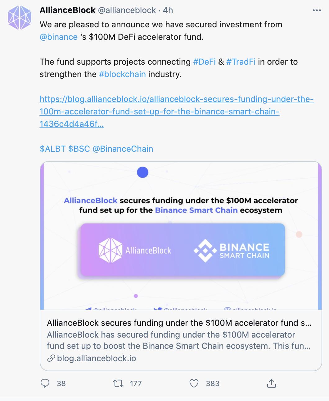 Layer2 解决方案 AllianceBlock 获得「币安 1 亿美金种子基金」的投资