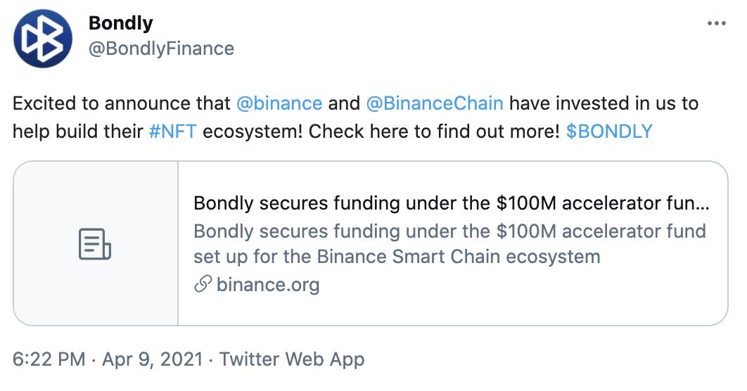 Bondly Finance获得「币安 1 亿美金种子基金」的投资