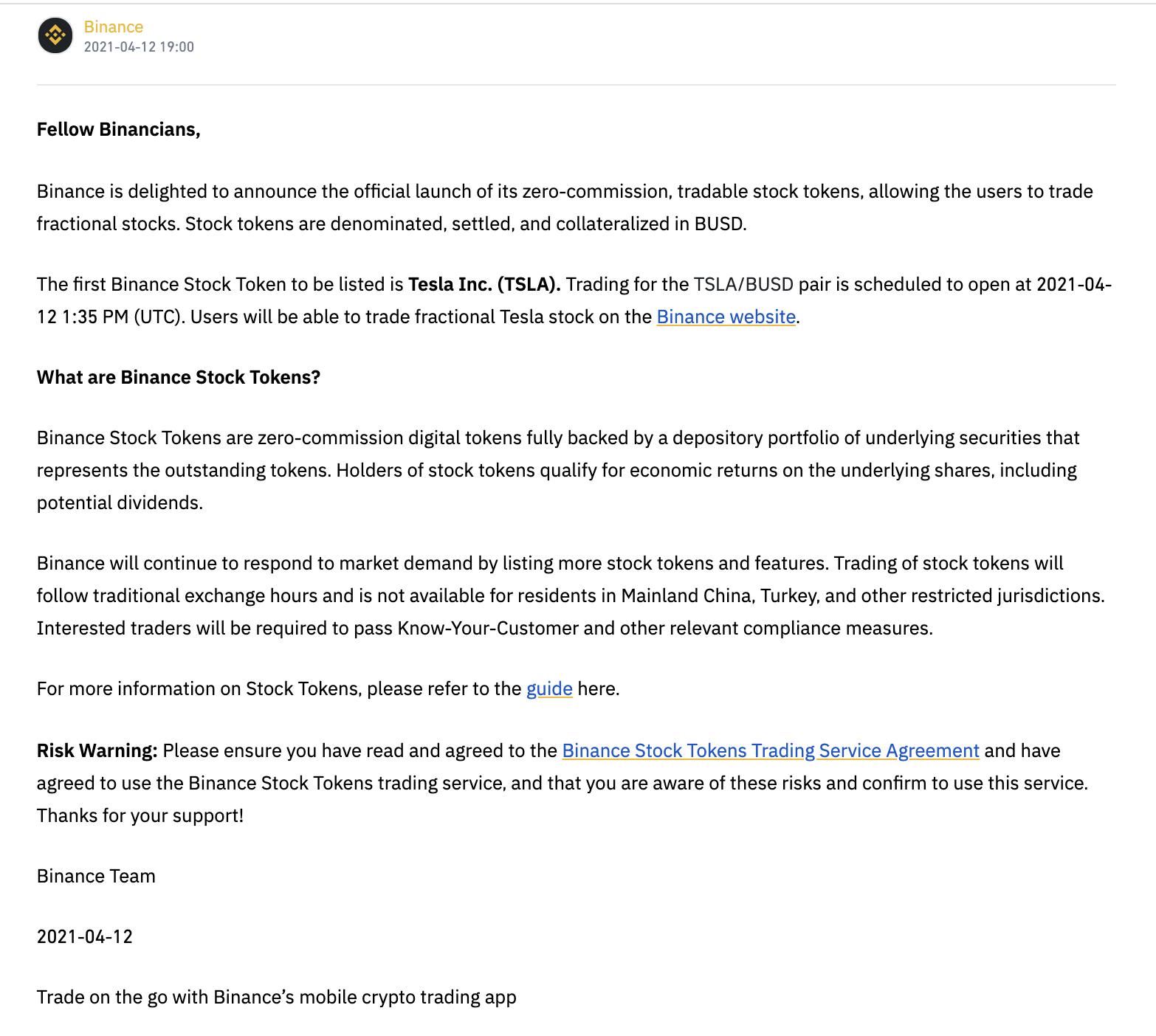 币安将于今晚上线首个股权代币特斯拉 (TSLA）