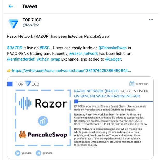 预言机协议Razor Network代币RAZOR已上线BSC