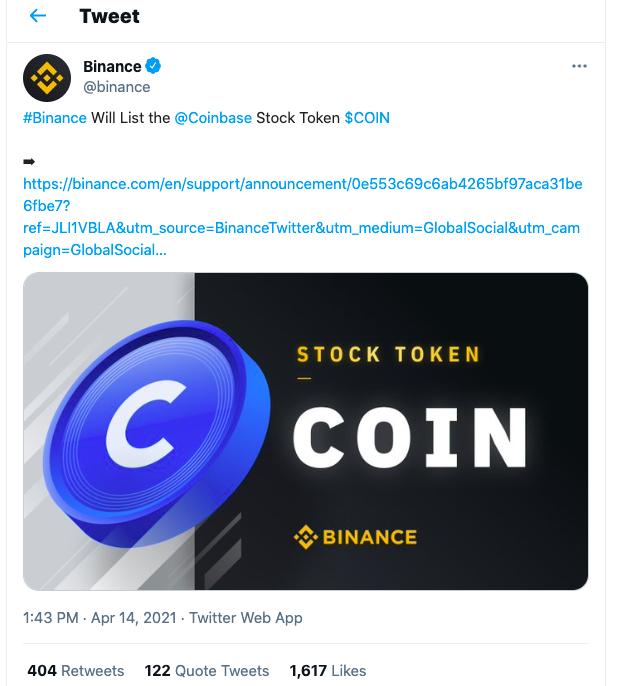 币安将上线Coinbase股权代币COIN