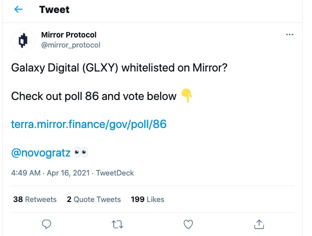 合成资产协议Mirror发起将Galaxy Digital列入白名单的投票