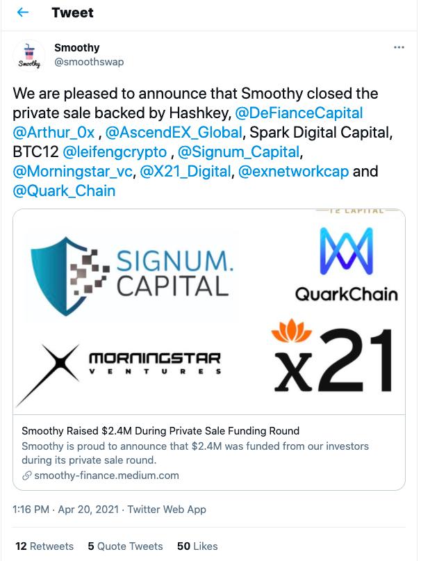 稳定币零滑点兑换协议Smoothy完成240万美元私募融资，Hashkey等参投