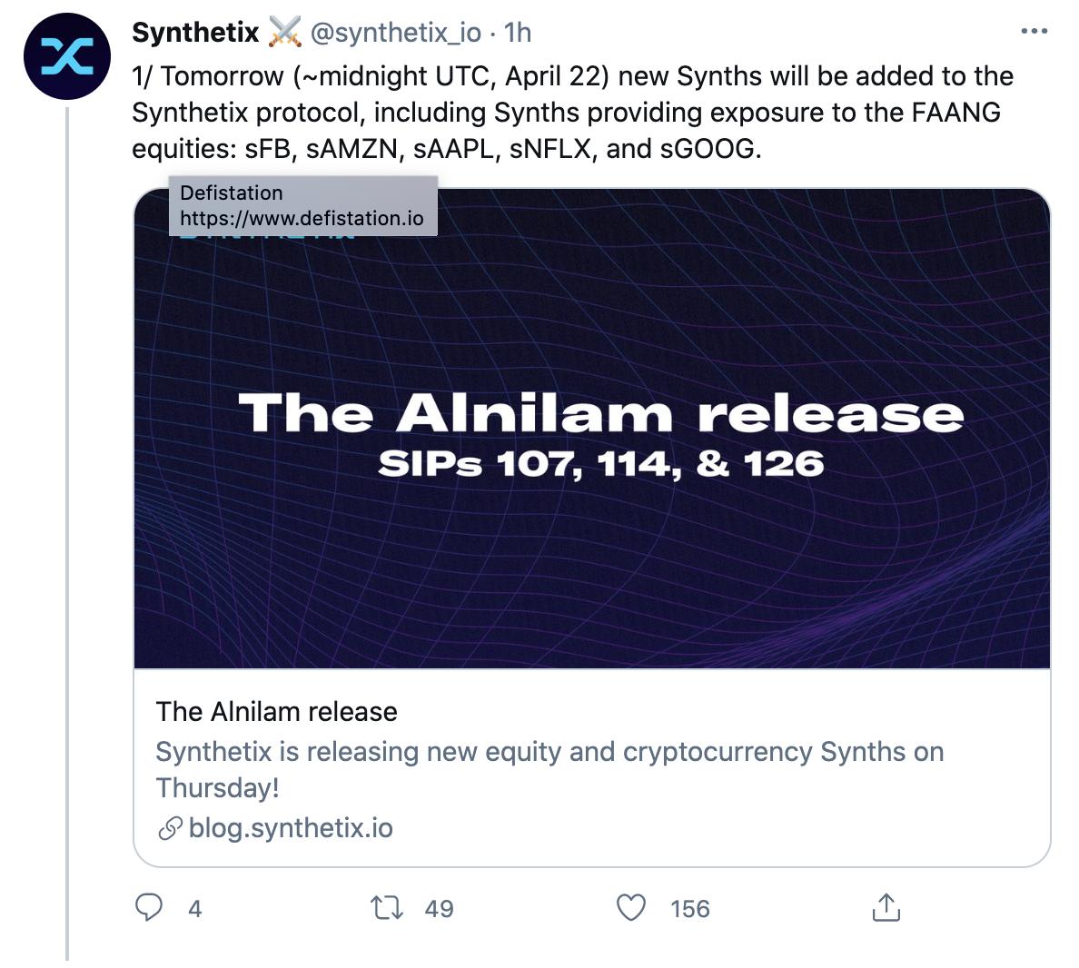 Synthetix将于4月22日上线在Kwenta上线FAANG股票合成资产