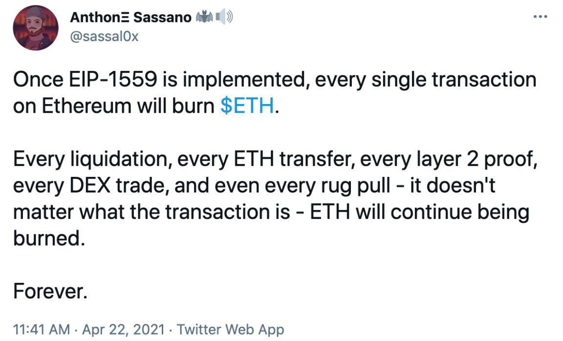 EthHub创始人Sassano：以太坊一旦实施EIP-1559，每一笔交易都将烧毁ETH