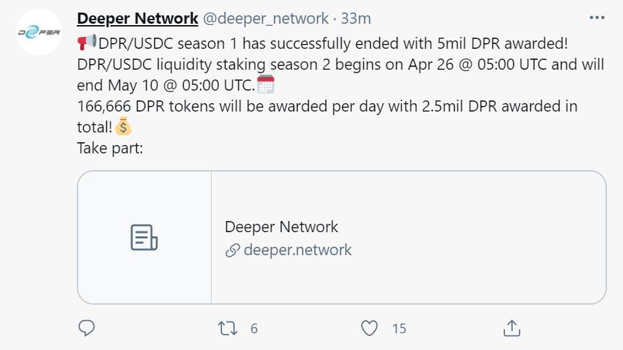 Deeper Network将于明日启动DPR/USDC流动性质押第二季