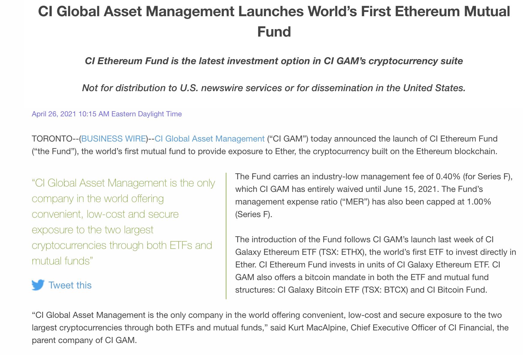 CI 全球资产管理公司推出首个以太坊共同基金