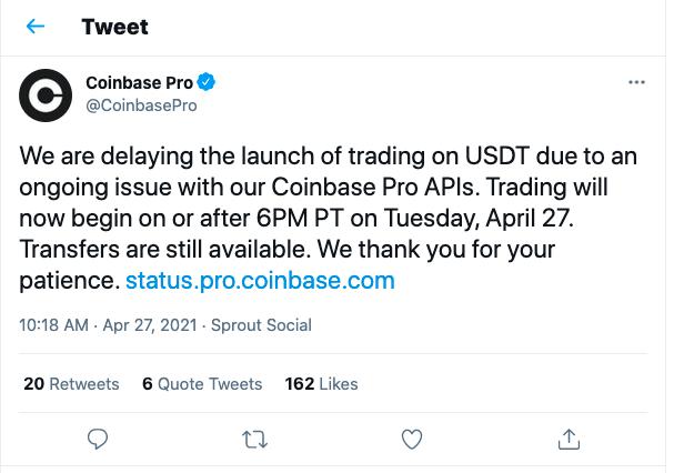 Coinbase Pro将USDT （ERC-20）交易开放时间推迟至 4 月 27 日