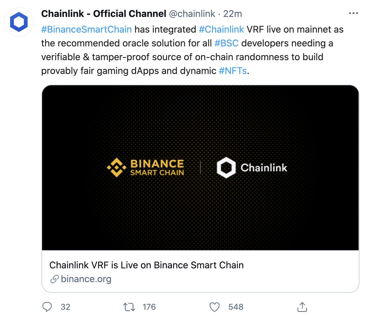 币安智能链主网整合Chainlink VRF，提供可验证防篡改的链上随机性来源