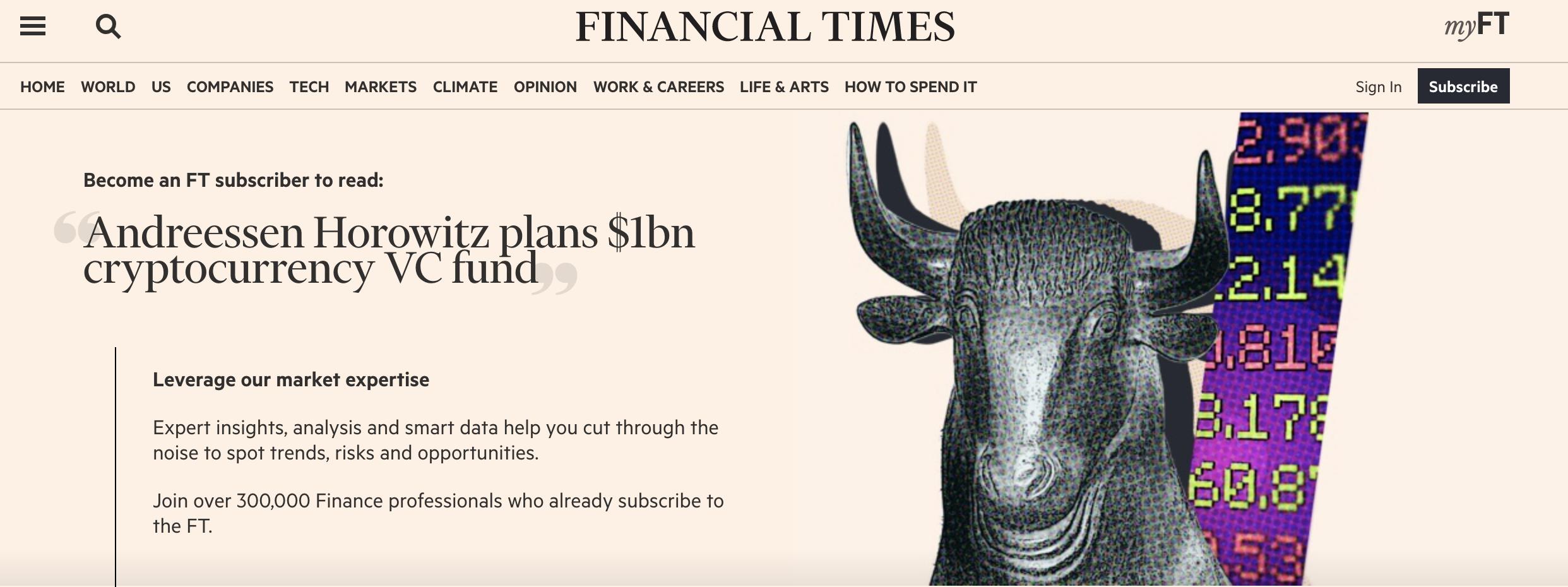 a16z计划推出规模10亿美元加密风投基金