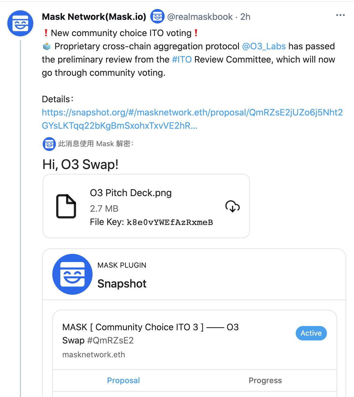 跨链聚合协议O3 Swap已进入Mask Network的ITO投票环节