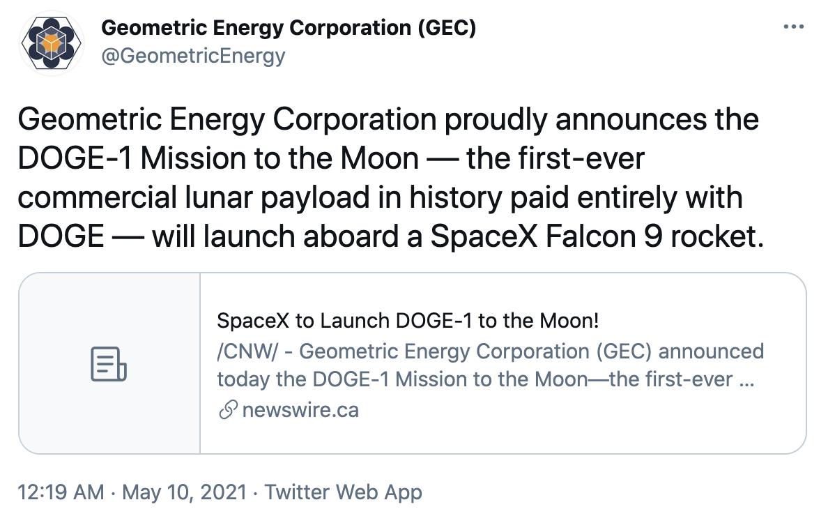 完全由狗狗币支付的商用月球有效载荷将搭载SpaceX火箭发射