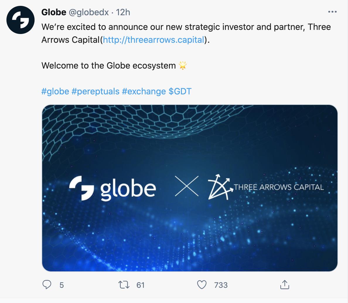 加密衍生品交易平台 GlobeDX 宣布获 Three Arrows Capital 战略投资